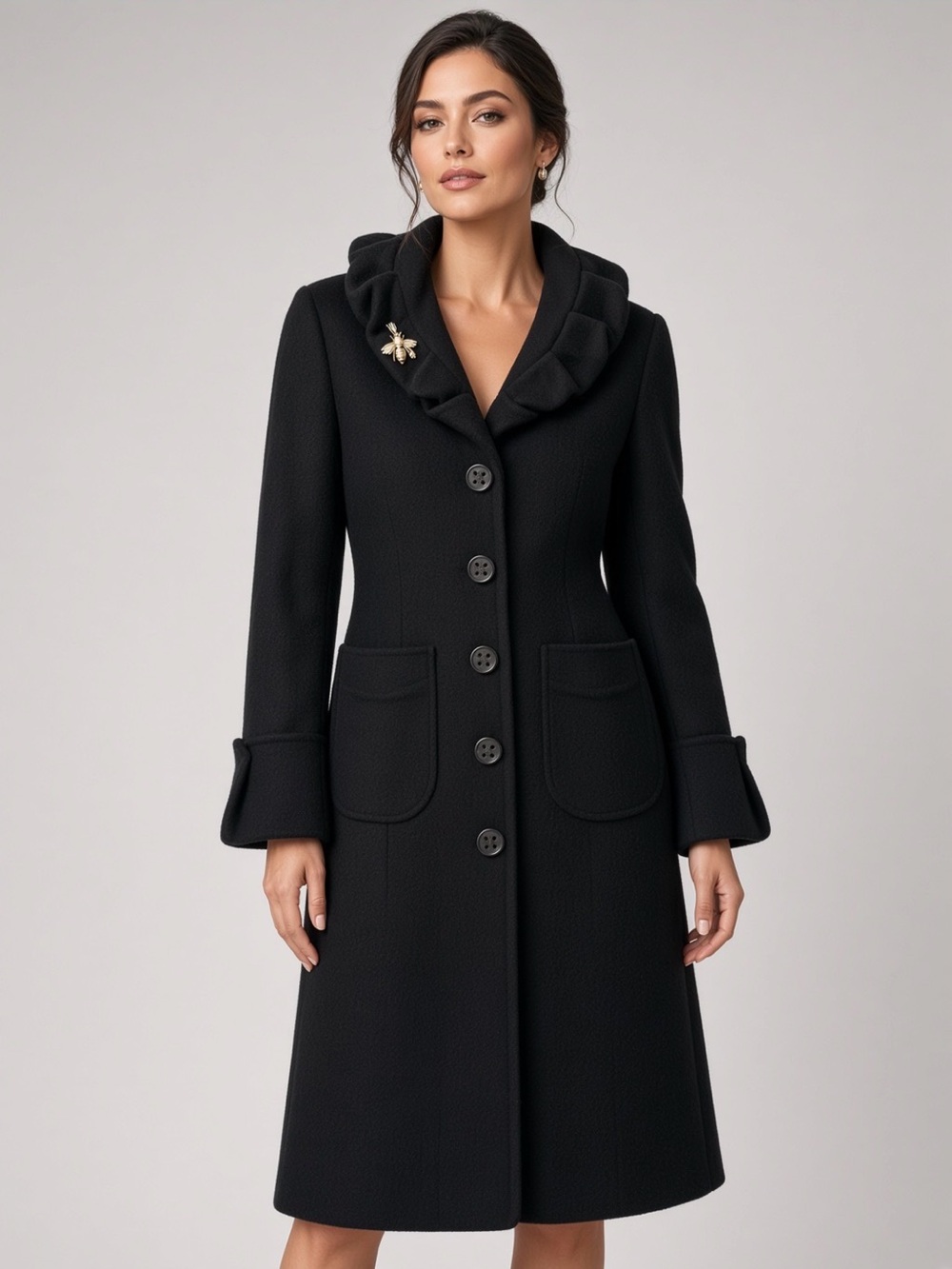 Elegant Black Ruffle-Collar Trench Coat